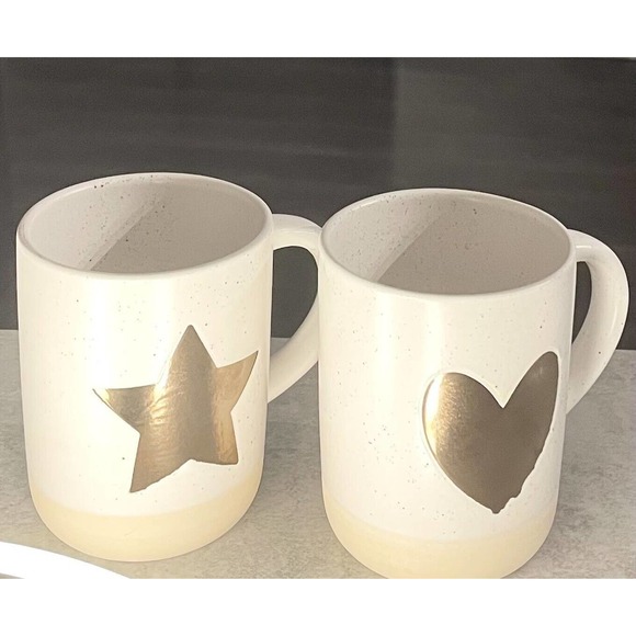 Cream & Speckled Mugs with Bronze Colored Star & Heart (Set of 2) - Picture 5 of 13